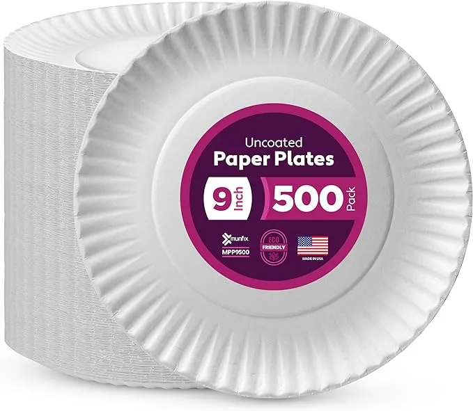 Munfix 500 Pack Uncoated Paper Plates 9 Inch, Everyday Disposable Plates, White Dinner Plates for BBQ Party, Picnics, Travel and Events, Microwavable Recyclable