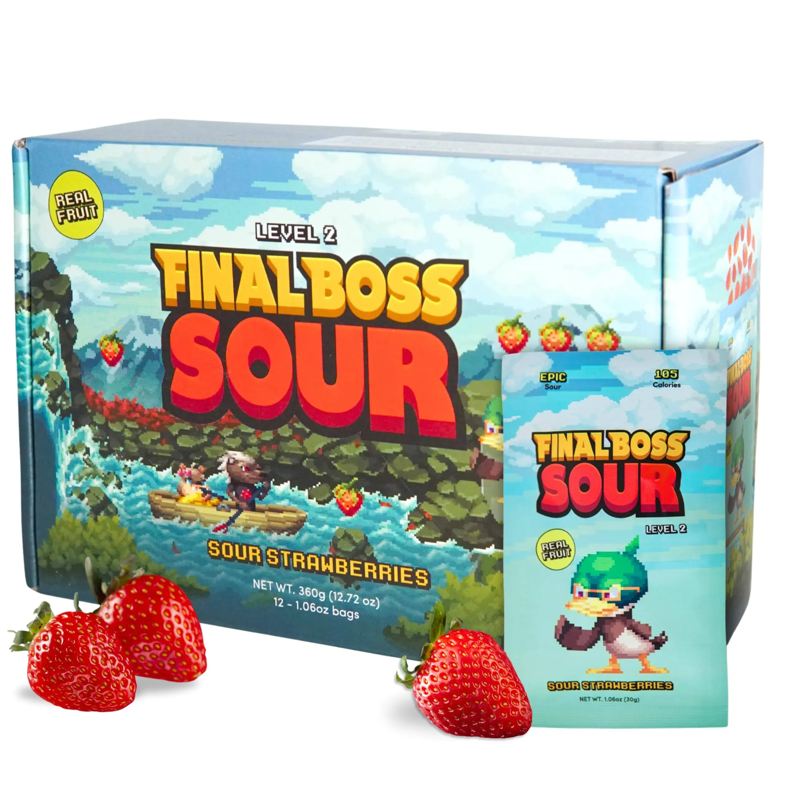 Final Boss Extremely Super Sour Candy, Natural Chewy Strawberry Gummies Made with Dried Fruit, Free of Artificial Colors, Low Calorie Healthy Snack for Kids & Adults, 1.06oz, 10 Pack (LvL 2 Sourness)