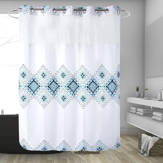 71" W x74 H Hotel Grade Fabric Hook Free Shower Curtain with Replacement Magnets Liner White&Blue Boho Style –100% Waterproof Machine Washable Top See Through Mesh Window Standard Size