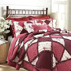 Cozy Line Home Fashions Rich Red Rose Floral Paisley 3-Piece Patchwork Ruffle Scalloped Vintage Farmhouse Cotton Reversible King Quilt Bedding Set