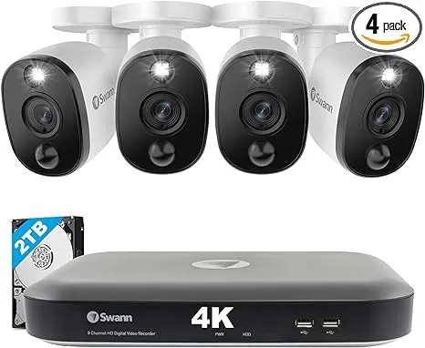 Swann Home Security Camera System with 2TB HDD, 8 Channel 4 Cam, 4K Ultra HD DVR, Indoor/Outdoor Wired Surveillance CCTV, Color Night Vision, Heat/Motion Warning Light, Alexa + Google, SWDVK-855804WL