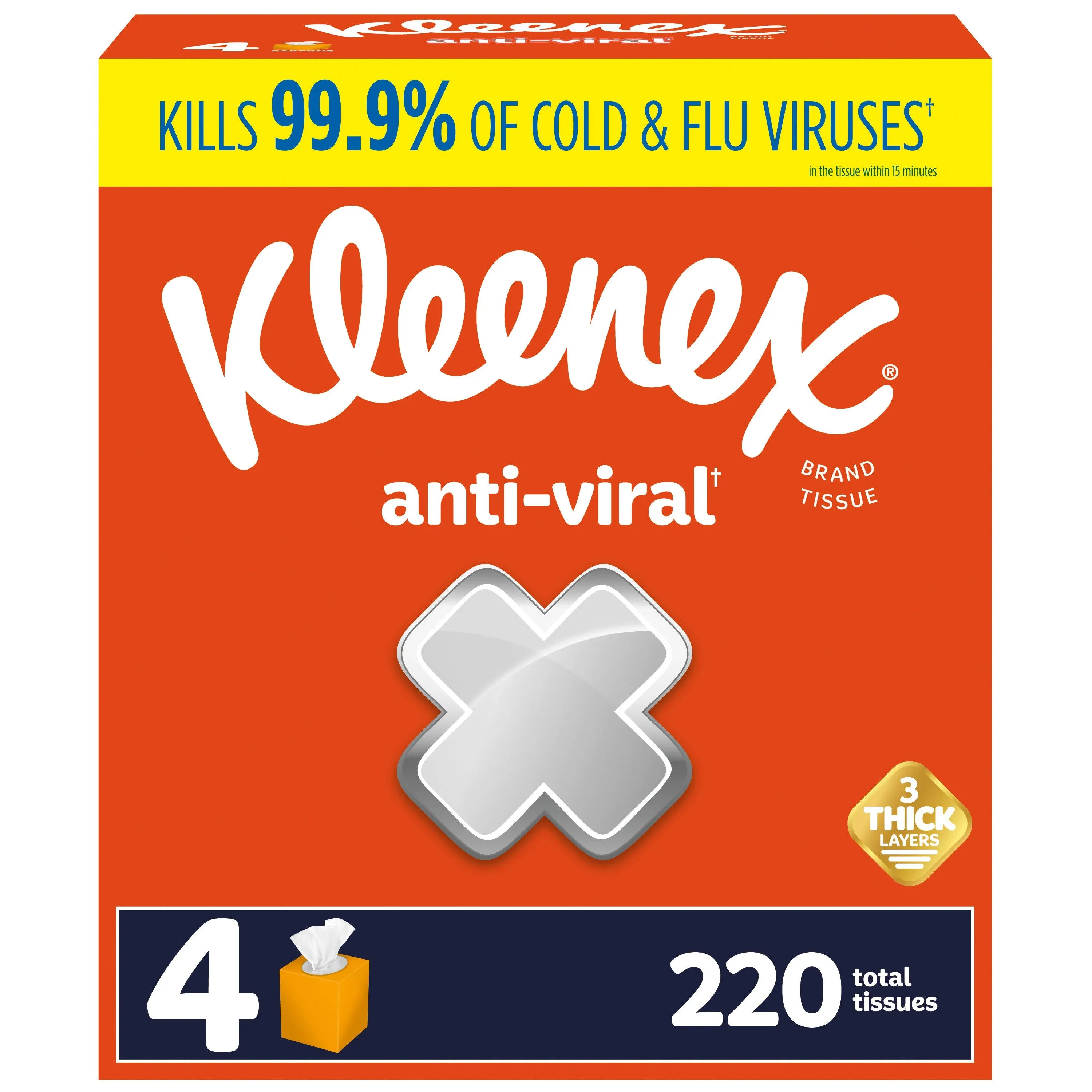 Kleenex Anti-Viral Facial Tissue - 3 Ply - White - 55 per Box - 4 /