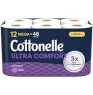 Cottonelle Ultra CleanCare 1-Ply Standard Toilet Paper, White, 312 Sheets/Roll, 6 Mega Rolls/Pack (47747)