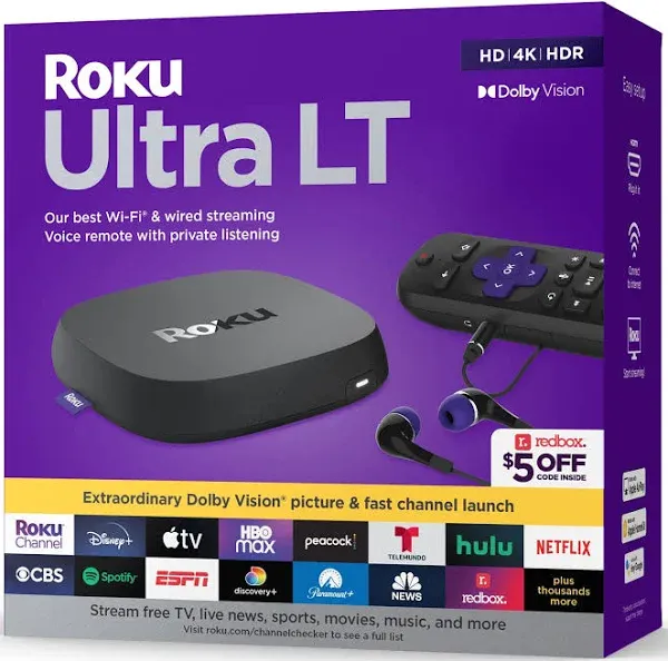 Roku Ultra LT 2023: 4K HDR Streaming Player with Voice Remote &amp; Extras