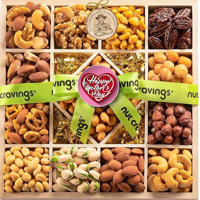 NUT CRAVINGS Gourmet Collection - Valentines Mixed Nuts Gift Basket in Reusable Diamond Wooden Tray + Green Ribbon (13 Assortments) Arrangement Platter, Healthy Kosher Corporate