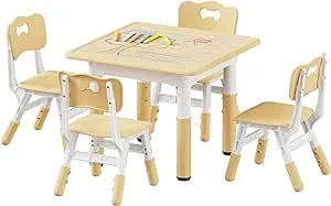 Brelley Kids Table and 2 Chairs Set, Height Adjustable Toddler Table and Chair Set