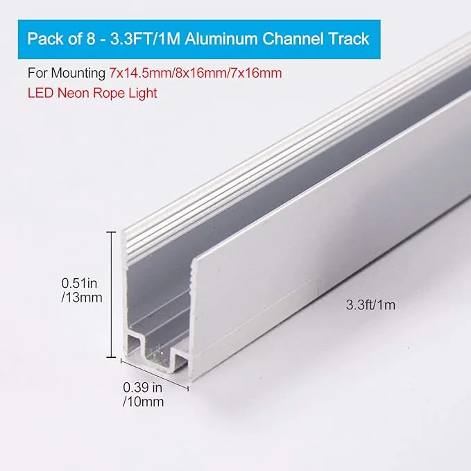 Shine Decor 3.3FT/1M Aluminum Track Channel Mounting Bracket, for 8x16mm and 7x14.5mm LED Mini Neon Rope Lights, Pack of 8