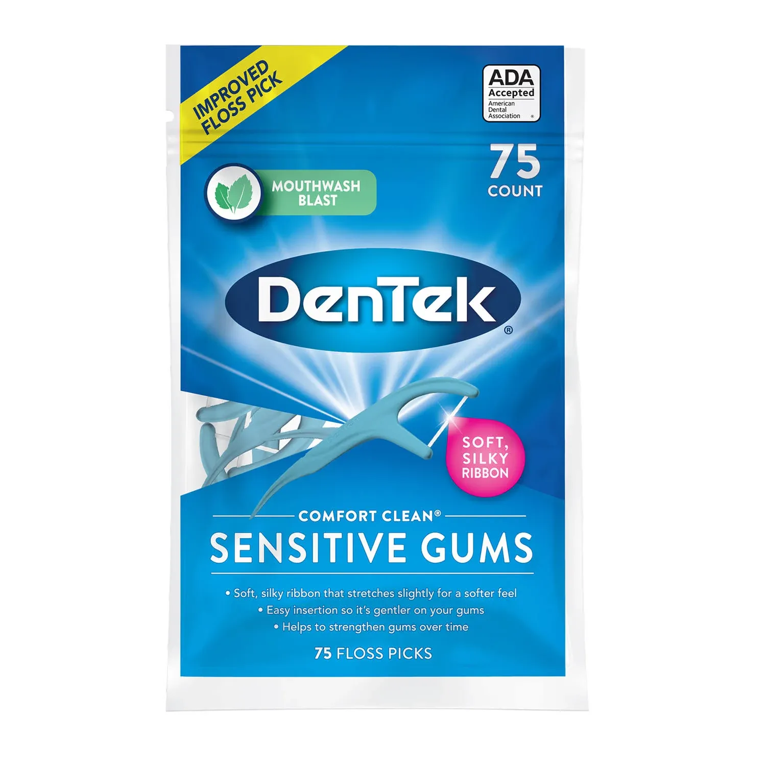 Dentek Floss Picks, Comfort Clean, Mouthwash Blast, Sensitive Gums - 90 floss picks