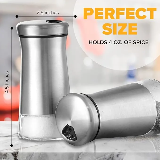 The Original Salt and Pepper Shakers set - Silver- Spice Dispenser with Adjustable Pour Holes - Stainless Steel & Glass Set of 2 Bottles