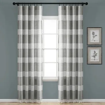 Lush Decor Tucker Stripe Yarn Dyed Cotton Knotted Tassel Window Curtain Panel Pair, 84" x 40", Gray