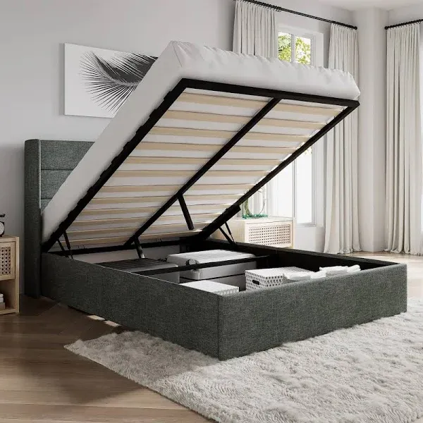 Sha CERLIN King Size Lift Up Storage Bedbutton Tufted Wingback Headboardhydraulic Storageupholstered Platform Bed FrameNo Bo