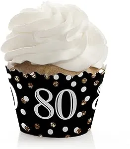 Adult 80th Birthday - Gold - Birthday Party Cupcake Wrappers - Set of 12