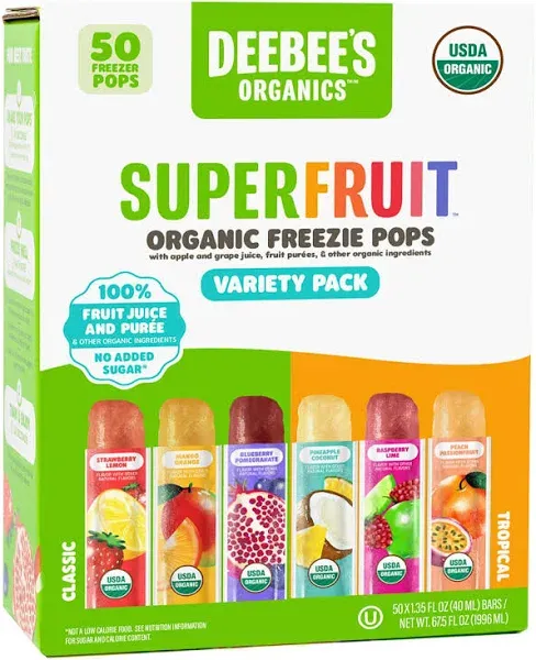 DeeBee's Organics Classic SuperFruit Freezie Pops, No Added Sugars, No Artificial Flavors or Colors (Pack of 50)