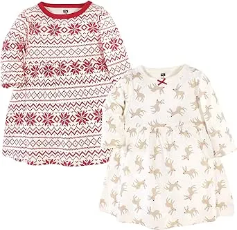 Hudson Baby Infant and Toddler Girl Long-Sleeve Cotton Dresses 2 Pack, Reindeer