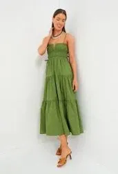 Shirred Cotton Midi Dress In Green