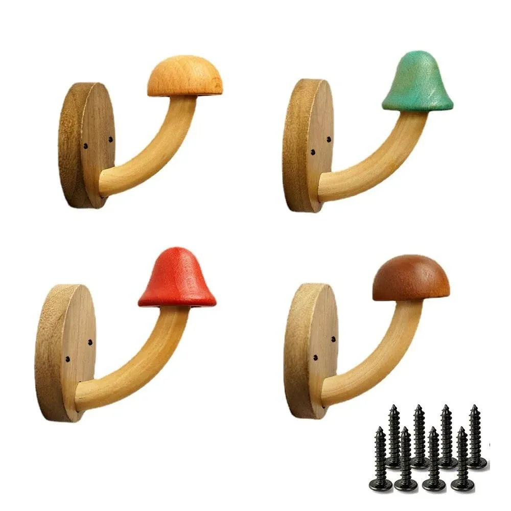 Wooden Mushroom Coat Hooks, Wall Mounted Towel Hanger, Solid Wood, Colorful, Set of Hooks with Screws (4 Hooks & 8 Screws)