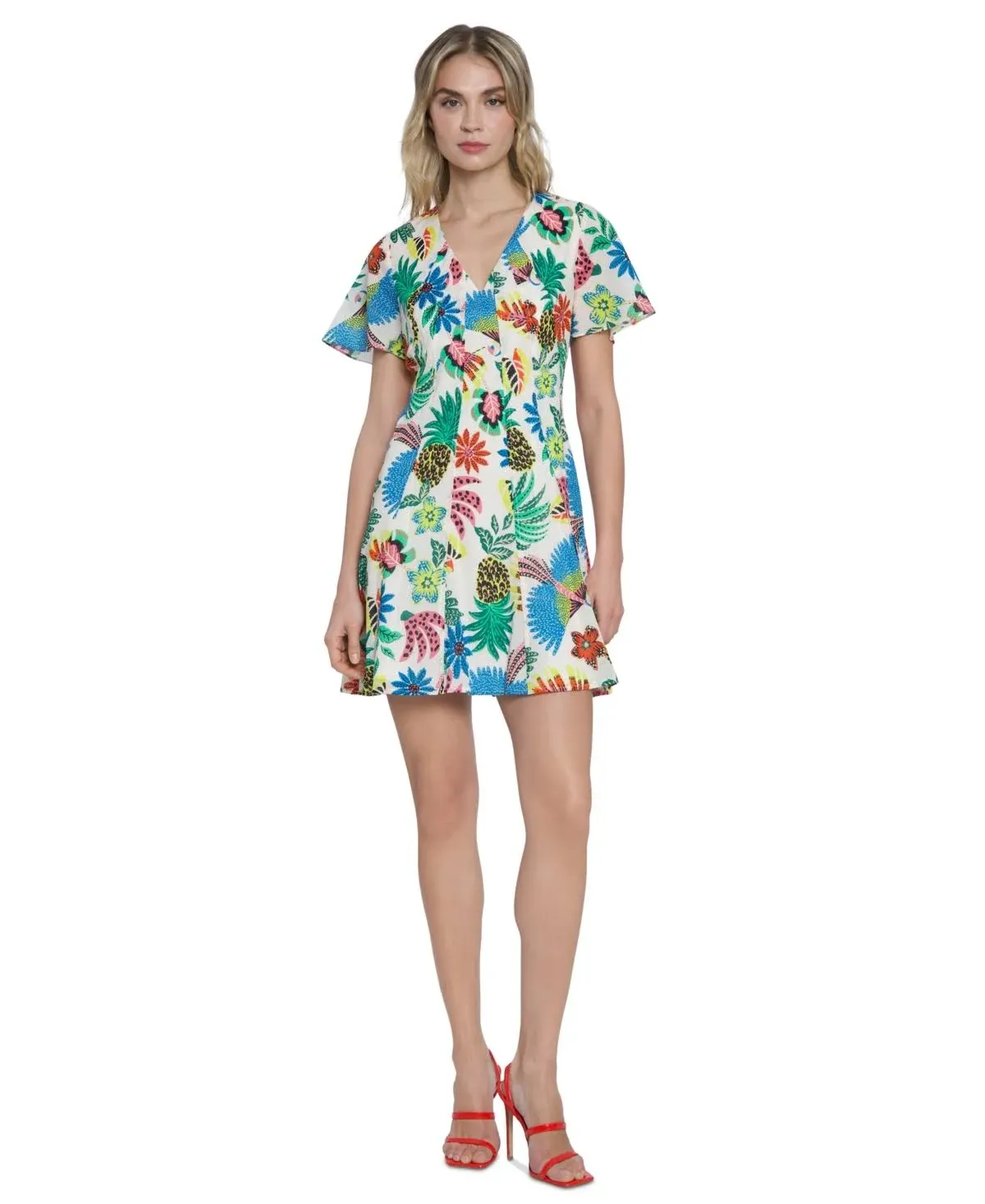 "Women's Cotton Tropical-print Mini Dress In Ivory,pool Blue"