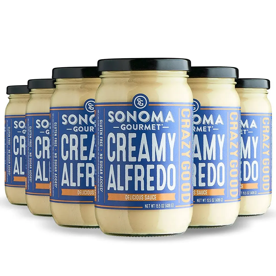 Sonoma Gourmet Creamy Alfredo Pasta Sauce | Gluten-Free and No Sugar Added | Made with Real Cream | 15.5 Ounce Jars (Pack of 6)