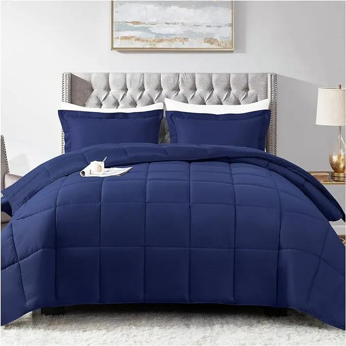 satisomnia Queen Comforter Set, Navy Blue Bedding Comforters Queen Size, 3 Pieces Down Alternative Bed Comforter Lightweight, Soft Quilted Bed Set Breathable, Reversible All Season Bedding Sets