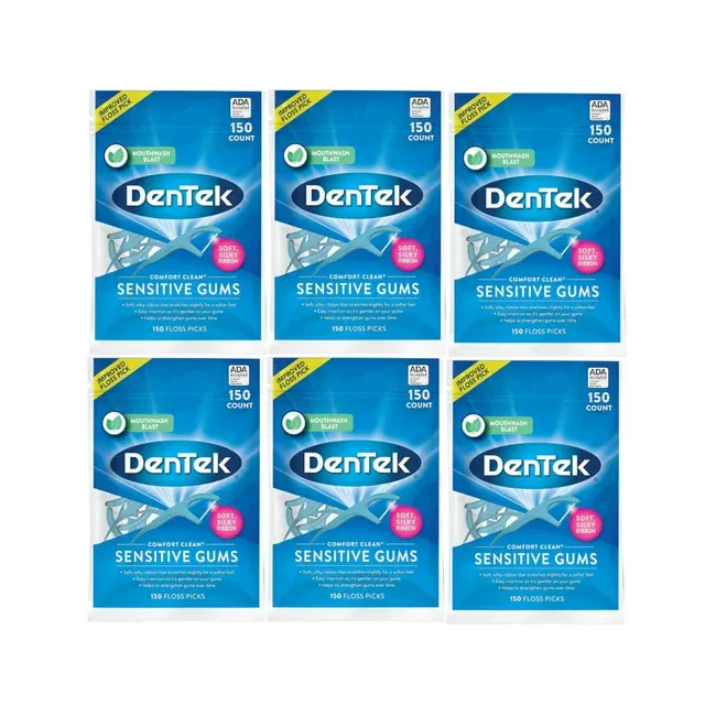 Dentek Comfort Clean Sensitive Gums Floss Picks, Soft & Silky Ribbon, 150 Count, 6 Pack (Blue)