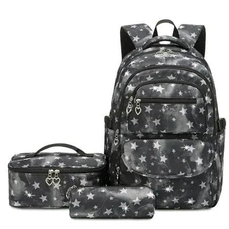 JiaYou School Backpack Sets 3pcs Stars Prints Daypack For Teens Girls Primary School Students(Black Stars,22 Liters)