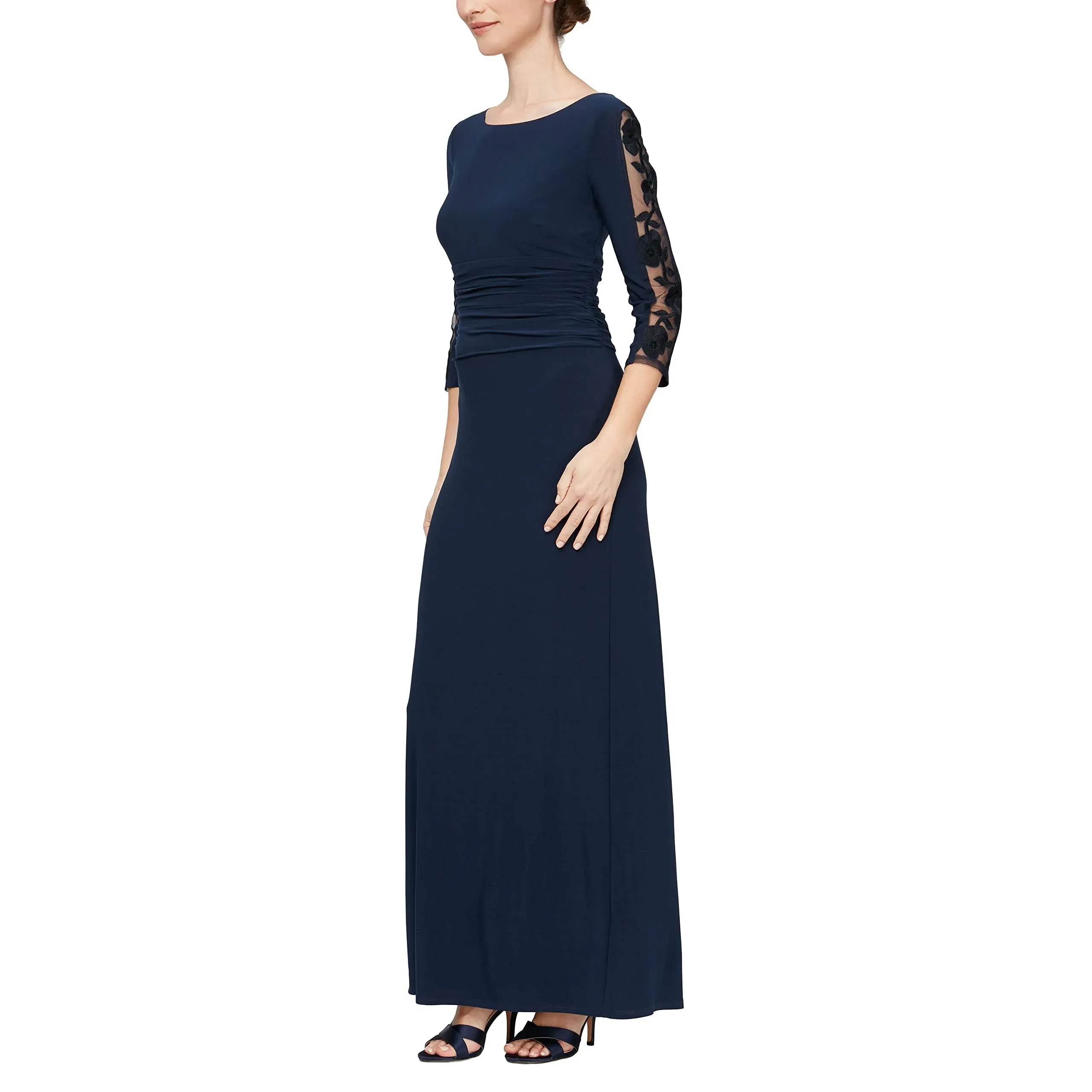 SL Fashions Petite Embroidered Ruched Gown - Navy - Size 10p