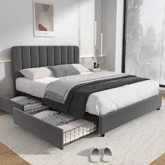 VECELO Size Upholstered Bed Frame with 4 Drawers and Adjustable Headboard