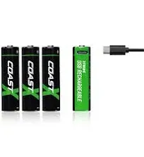 Coast AA USB-C Rechargeable Batteries, ZITHION-X, Lithium Ion 1.5v 2400 mAh, Long Lasting, Charges Under 2.5 Hours, Charging Cable Included, 4-Battery Pack