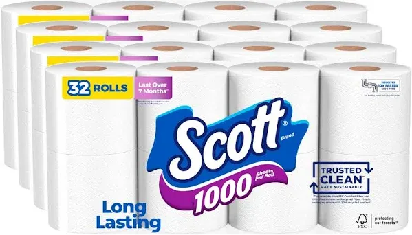 Scott 1000 Sheets Per Roll Toilet Paper, 32 Rolls, Bath Tissue