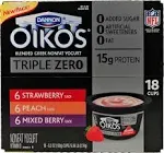 Oikos Triple Zero Blended Greek Nonfat Yogurt, 5.3 oz, Strawberry/Mixed Berry/Vanilla, 18/Box