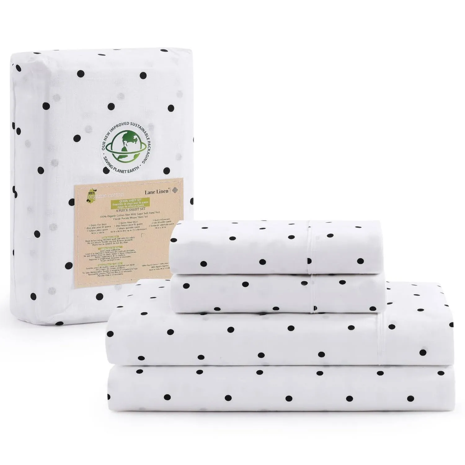 Lane Linen 100% Organic Cotton Twin XL Sheets Set 3-Piece Pure Percale Bedsheets Bedding Breathable Fits Mattress Upto 15" Deep - Black Polka Dot