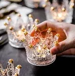 6 Pack Clear Crystal Glass Crown Tea Light Votive Candle Holders With Gold Beaded Tips - 3"x2"