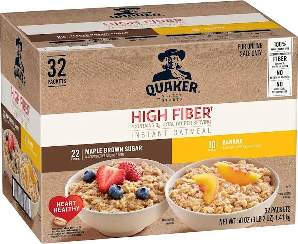 Quaker Oatmeal, Instant, High Fiber, Maple & Brown Sugar - 8 pack, 1.58 oz packets