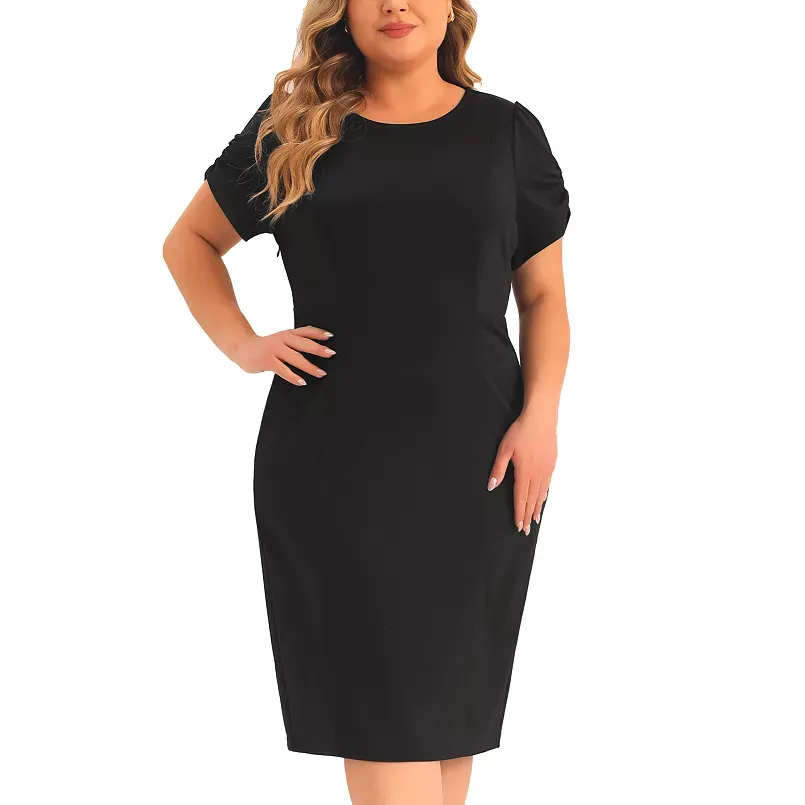 Agnes Orinda Plus Size Short Sleeve Above Knee Sheath Office Wear to Work Dress