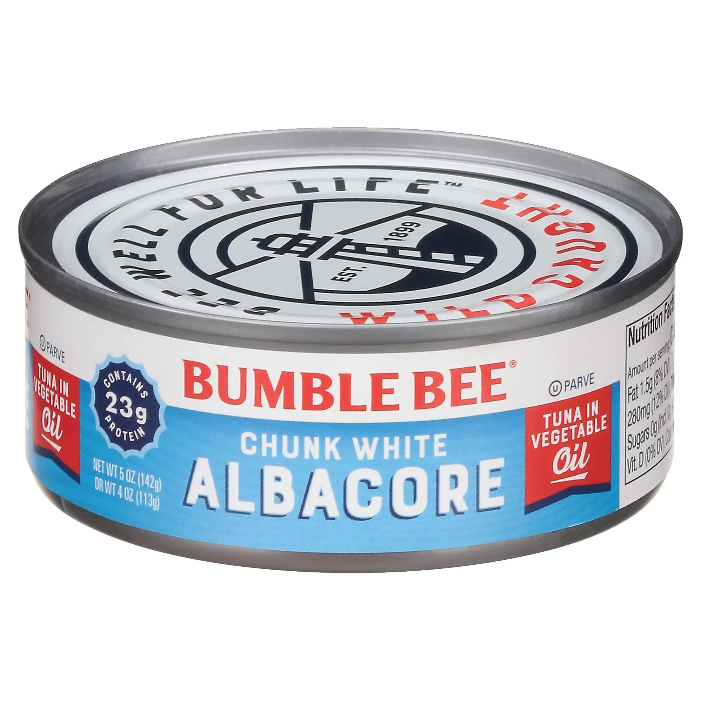 Bumble Bee Chunk White Albacore Tuna in Oil, 5 oz Can (Pack of 24) - Wild Caught Tuna - 23g Protein per Serving, High in Omega-3s - Non-GMO Project