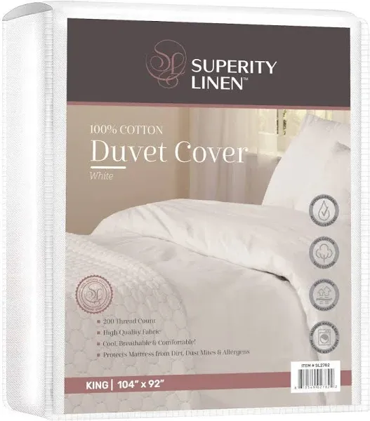 Superity Linen Queen Duvet Cover White - 100% Cotton Breathable & Comfortable Fabric, Protects Mattresses from Dirt, Dust & Dander - Queen Comforter Cover (90x92)