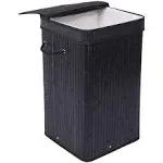 Black Bamboo Square Laundry Hamper with Lid and Cloth Liner