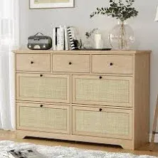 Brafab Mid-Century Natural Rattan Dresser with 7 Drawers, Elegant Cane Dresser for Bedroom Wooden, Modern Boho Long Dressers Drawer Dresser TV Stand with Sturdy Stand for Living Room, Nursery