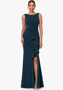 Betsy & Adam Women's Long Sleeveless Boat Neck Ruffle Side Slit Scuba Crepe Gown