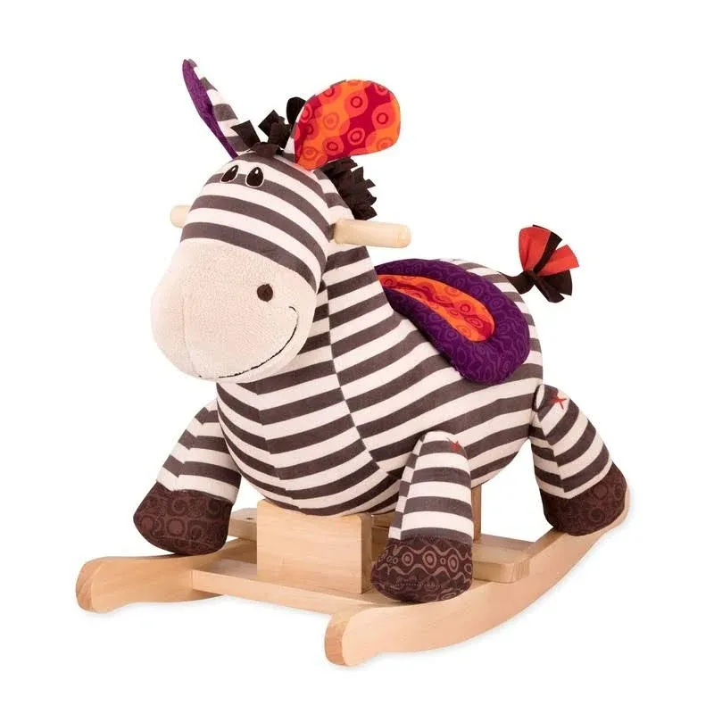 B. toys by Battat Kazoo Wooden Rocking Zebra – Rodeo Rocker – Plush Ride On Zebr