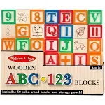 Melissa &amp; Doug 50 Classic Solid Wood Building Blocks w/Pictures Letters Numbers