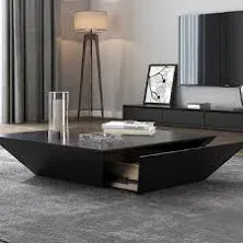 Modern Black Wood Coffee Table with Storage and Square Drum and Drawer