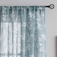 FMFUNCTEX Linen Sheer Curtains for Bedroom, Blue White Blossom Print Curtains 63 Inch Length for Living Room, Floral Patterned Farmhouse Curtains Light Filtering Window Drapes 2 Panels, Rod Pocket