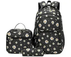 Girls Backpack with Lunch Box for Middle School Elementary School,17 inch Kids School Backpack with Lunch Bag Set, Black Daisy Lightweight Backpack for Teen Girls