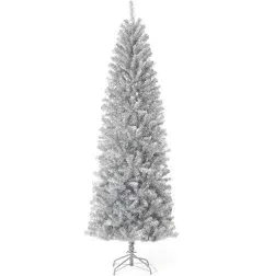 Glitzhome 7.5ft Silver Tinsel Artificial Christmas Tree w/Easy Assembly Metal Stand Artificial Fir Christmas Tree Holiday Decoration