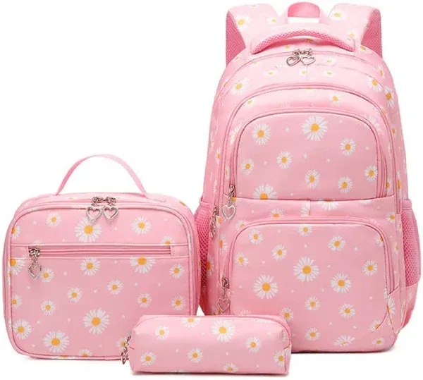 Joyfulife Lightweight Water Resistant Daisy Backpacks for Girls School Backpack with Lunch Bag and Pencil Case