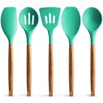 Zulay Kitchen 5 Piece Silicone Utensils Set with Authentic Acacia Wood Handles