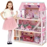 ROBUD Wooden Dollhouse, Doll House Playset with 24-Pcs Exquisite Accessories, Working Elevator, Gift for Ages 3+