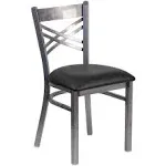 Clear Coated ''X'' Back Metal Restaurant Chair - Black Vinyl Seat