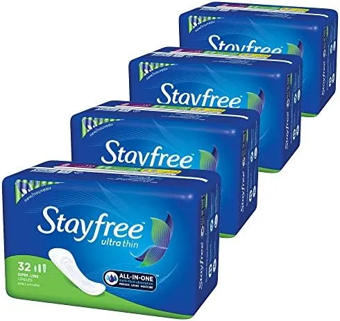 Stayfree Ultra Thin Pads Super Long w/ Wings 32 Count, All-In-One Menstrual Pad